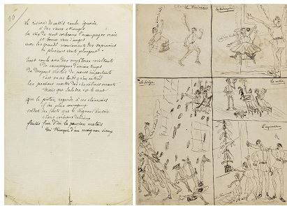 Manuscrito del poema La rivière de cassis que Arthur Rimbaud escribió en 1872 y una página dibujada por el autor cuando tenía 10 años, en 1865. LA PRENSA/EFE