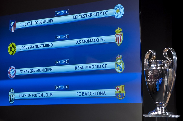 Un panel muestra los cruces de los cuartos de final de la Liga de Campeones 16/17 junto al trofeo de esta competición tras la celebración del sorteo de los mismos en la sede de la UEFA en Nyon (Suiza) hoy, 17 de marzo de 2017. EFE/Jean-Christophe Bott
