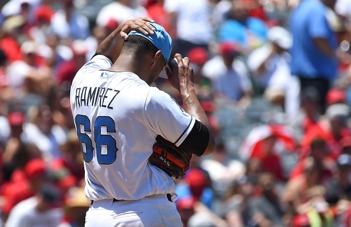 JC Ramírez tuvo la apertura más corta en su naciente paso como abridor de Grandes Ligas, al lanzador solo tres innings ante los Royals de Kansas City. LA PRENSA/Jayne Kamin-Oncea/Getty Images/AFP