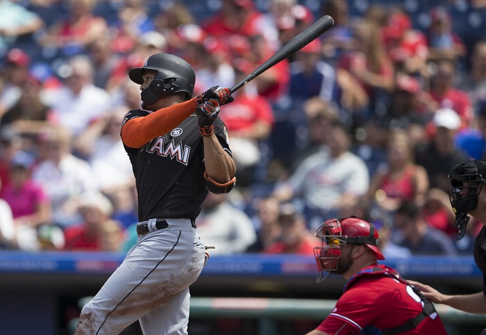 Giancarlo Stanton busca superar la significativa marca de 60 jonrones para un temporada de Grandes Ligas. LA PRENSA/Mitchell Leff/Getty Images/AFP