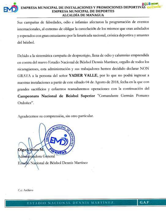 Carta enviada por la administración del Estadio Nacional de Beisbol Dennis Martínez a Radio Corporación, en la que se les notificó la prohibición de acceso a esta instalación deportiva al cronista Yáder Valle. LA PRENSA/CORTESÍA