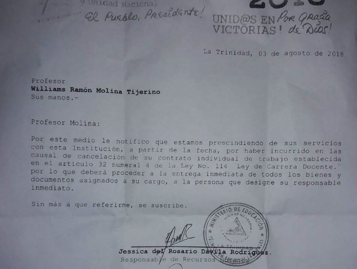Maestro en La Trinidad denuncia haber sido despedido por criticar al gobierno de Ortega