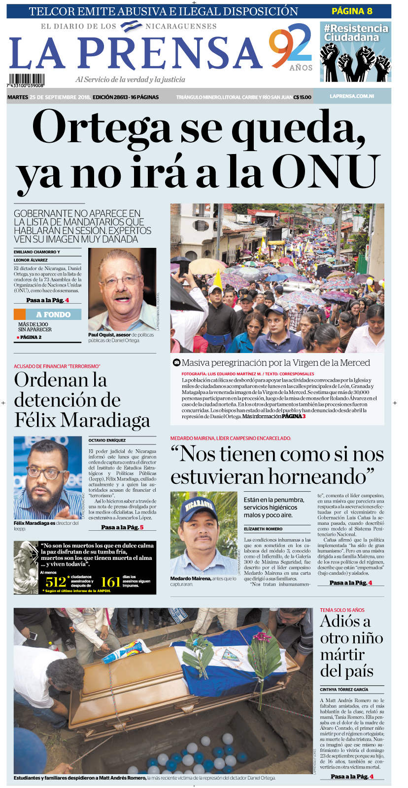 Portada impresa 25-09-2018