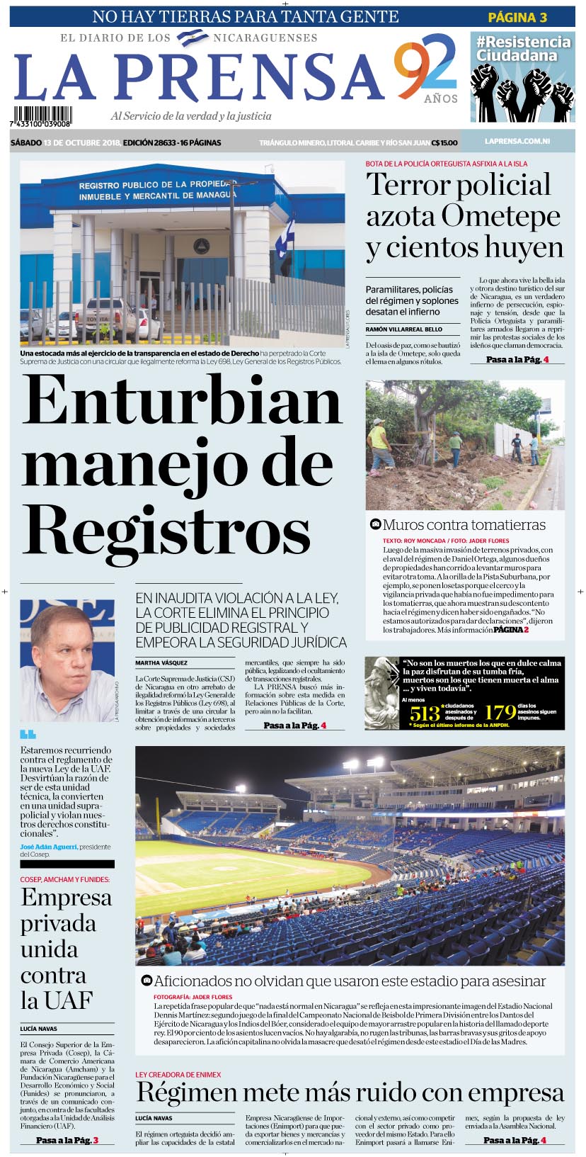 Portada impresa 13-10-2018
