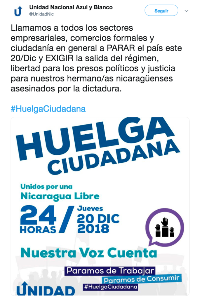 Llamado a huelga ciudadana hecha por la Unidad Nacional Azul y Blanco (UNAB) en Twitter. LA PRENSA/ CAPTURA