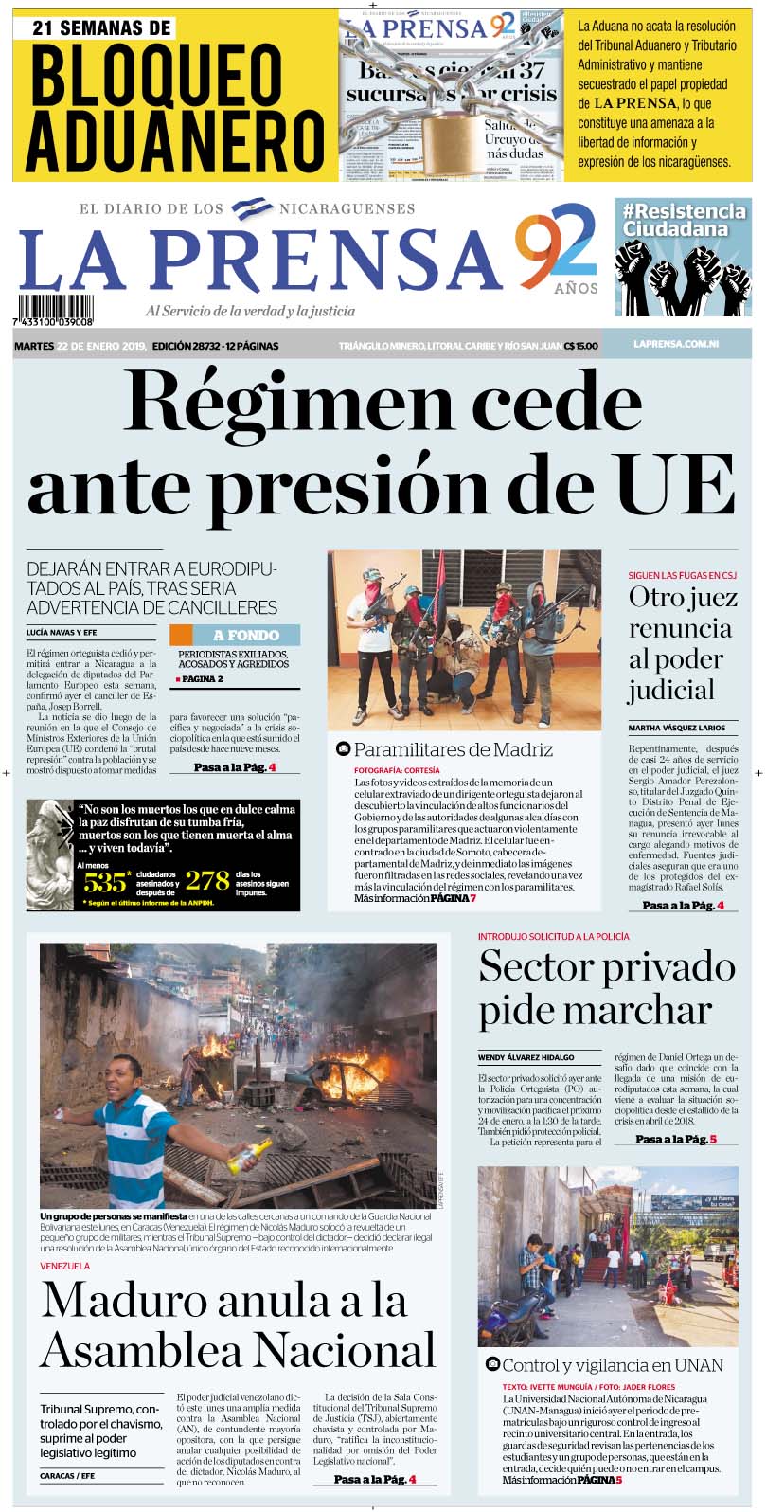 Portada impresa 22-1-2019