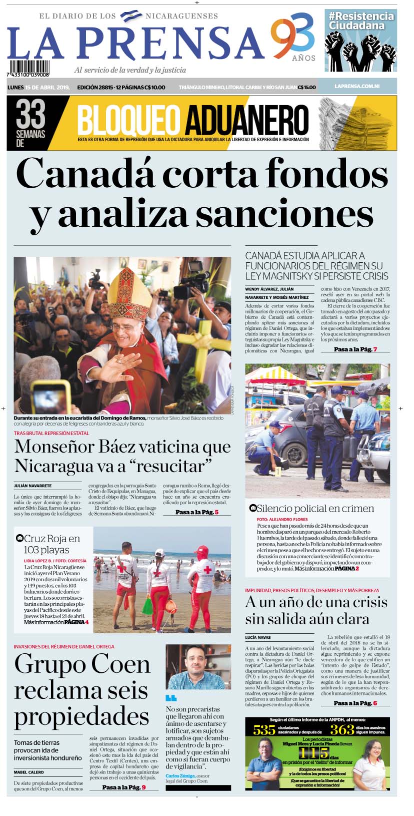 Portada impresa 15-4-2019