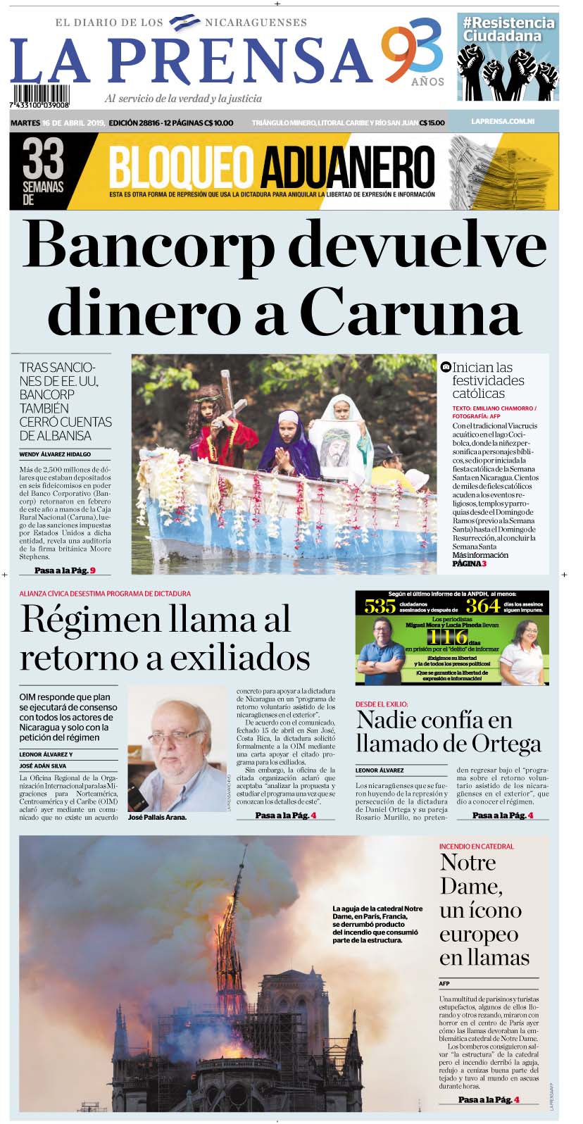 Portada impresa 16-4-2019