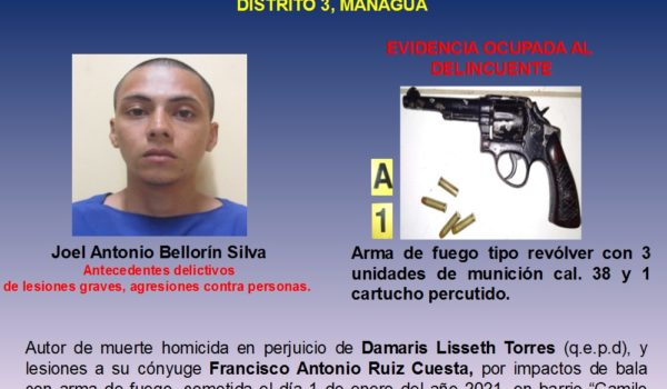 La Policía presento en una foto tabla, una fotografía de Joel Bellorín Silva y un revólver calibre 38 LA PRENSA/ CORTESÍA