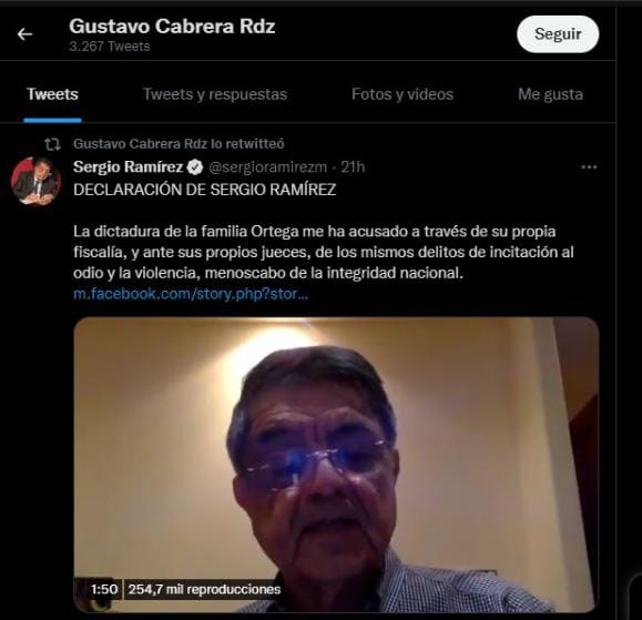 El embajador de México ante Nicaragua retuiteó la reacción del escritor nicaragüense Sergio Ramírez. LA PRENSA / CAPTURA DE PANTALLA