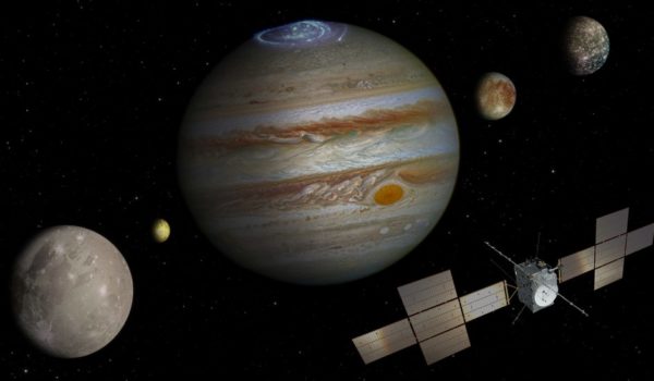ESA Representación gráfica de la misión del explorador Juice por la lunas de Júpiter.