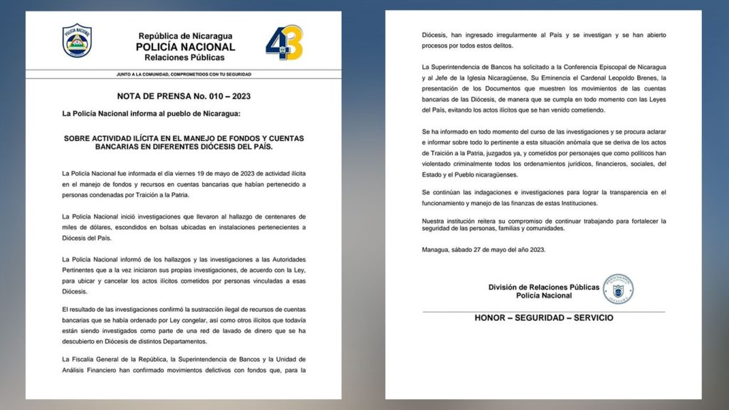 Ortega se va sobre las cuentas bancarias de las Diócesis y colegios parroquiales