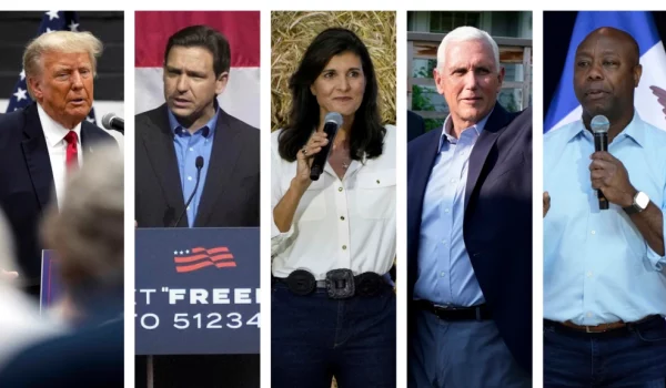 En esta composición fotográfica aparecen de izquierda a derecha, al expresidente Donald Trump, el gobernador de Florida Ron DeSantis, la exembajadora ante la ONU Nikki Haley, al exvicepresidente Mike Pence y al senador de Carolina del Sur Tim Scott.