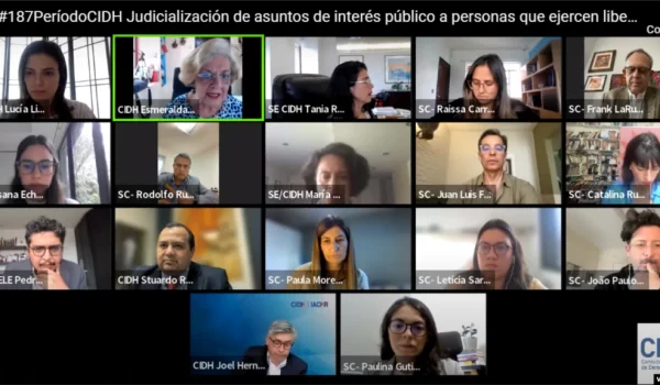 Los procesos judiciales contra periodistas ganan terreno como una estrategia para silenciar los trabajos de investigación de medios de comunicación coinciden periodistas procesados en las Américas. [Foto: Captura de pantalla audiencia CIDH]