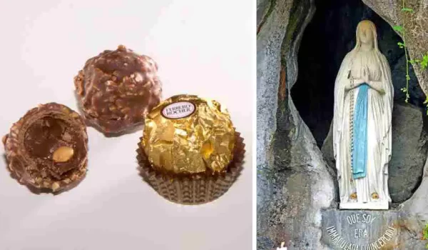 Chocolates Ferrero Rocher. Crédito: Donald / Wikipedia (CC BY-SA 3.0) - Gruta de la Virgen de Lourdes. Crédito: Denis Jarvis/ Wikipedia (CC BY-SA 2.0)