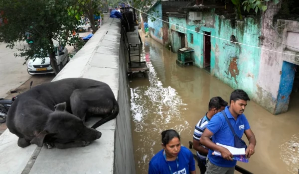 Voluntarios evalúan los daños de inundaciones causadas por lluvias torrenciales en Nueva Delhi, India, el 11 de julio de 2023.