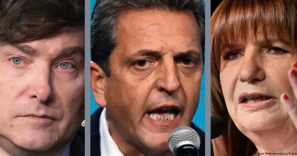 Los candidatos a la presidencia, Javier Milei, Sergio Massa y Patricia Bullrich (de izquierda a derecha).