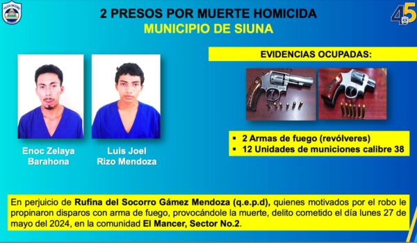 Presentan a dos sospechosos por crimen de mujer en Siuna