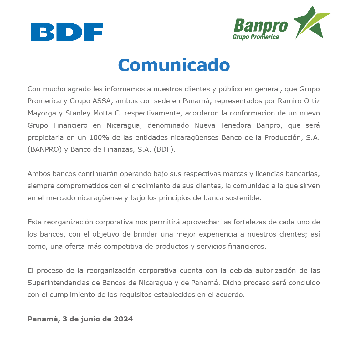 Banpro y BDF se fusionan y crean un nuevo consorcio financiero en Nicaragua