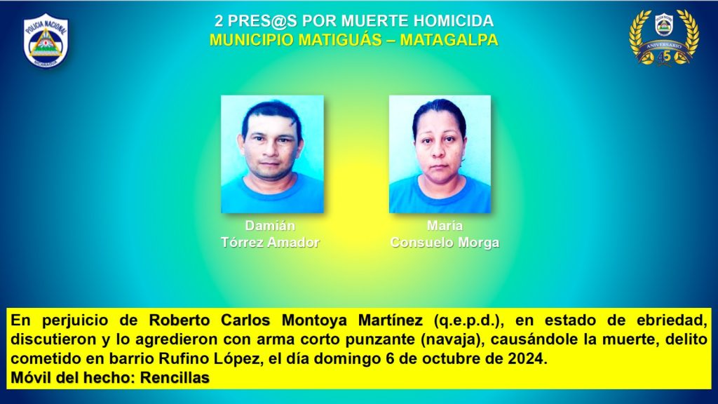 Damián Tórrez y María Moraga acusados por el homicidio de Roberto Montoya Montoya Martínez. LA PRENSA/Policía