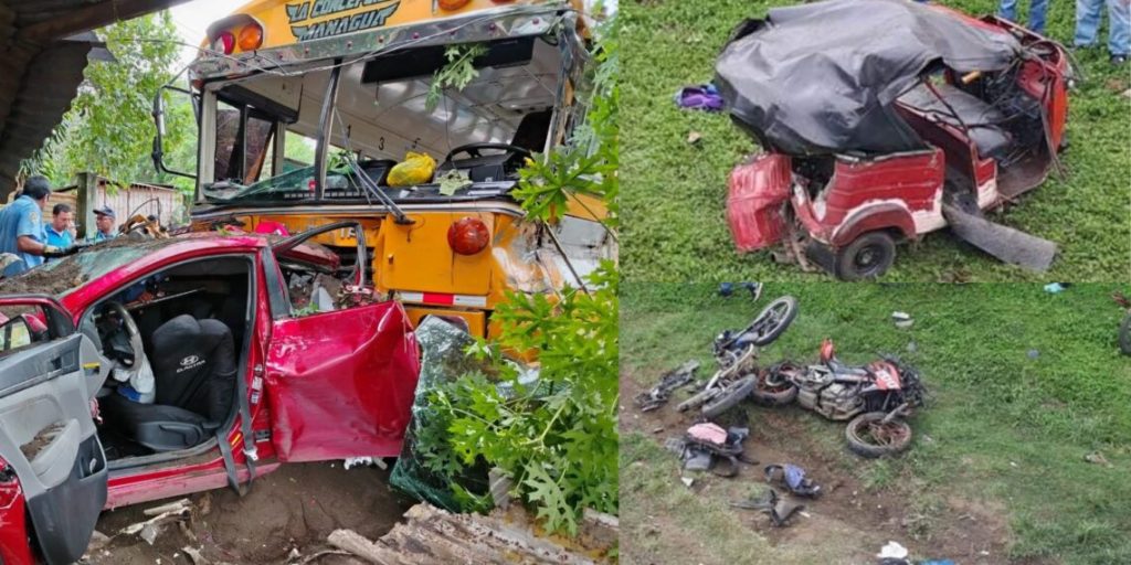 Estos son algunos de los vehículos impactados por el bus sin frenos de la ruta La Concepción-Managua, en Ticuantepe. Foto: Tomada de redes sociales.