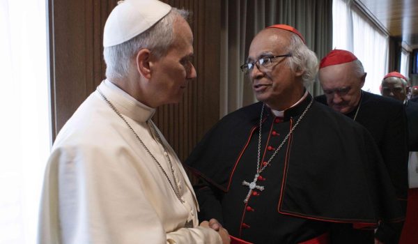 Cardenal Brenes saluda al papa León XIV durante encuentro con cardenales