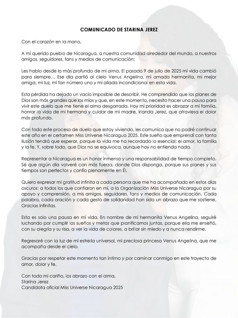 Comunicado publicado en las cuentas de Starina Jerez. Foto: Facebook/Starina Jerez