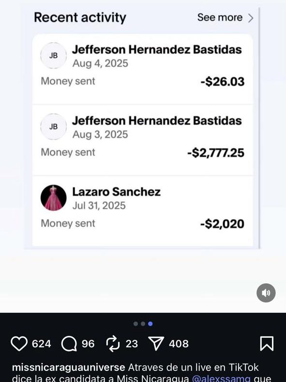 Captura de pantalla de transacciones realizadas por la ex candidata. Foto: Instagram