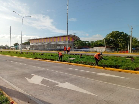 Obreros dan los últimos toques a un área de jardinería. Foto: CORTESÍA