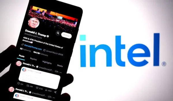 Celular con la red social de Trump y de fondo el logo Intel