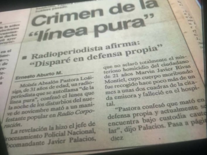 Recorte de prensa del homicidio de Moisés Absalón Pastora en 1991.