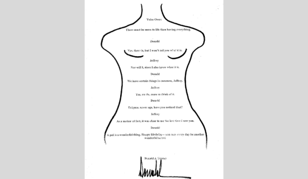 Imagen tomada de la cuenta oficial @OversightDems en la red social X donde se observa un dibujo supuestamente hecho por el presidente de Estados Unidos, Donald Trump, el cual le regaló a Jeffrey Epstein. EFE/ @oversightdems