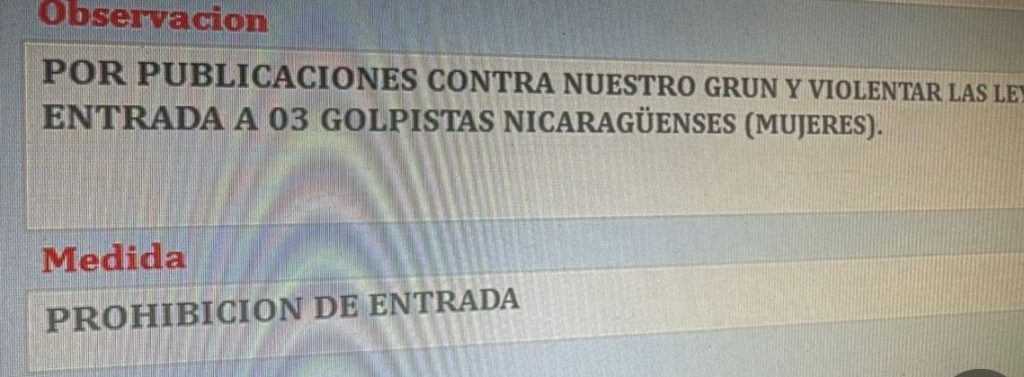 Captura de pantalla enviada desde Migración y Extranjería de Nicaragua a tres mujeres acusadas de "golpistas", como evidencia de que estaban "fichadas" en el Ministerio del Interior. LA PRENSA/TOMADO DEL SITIO CA360 GRADOS