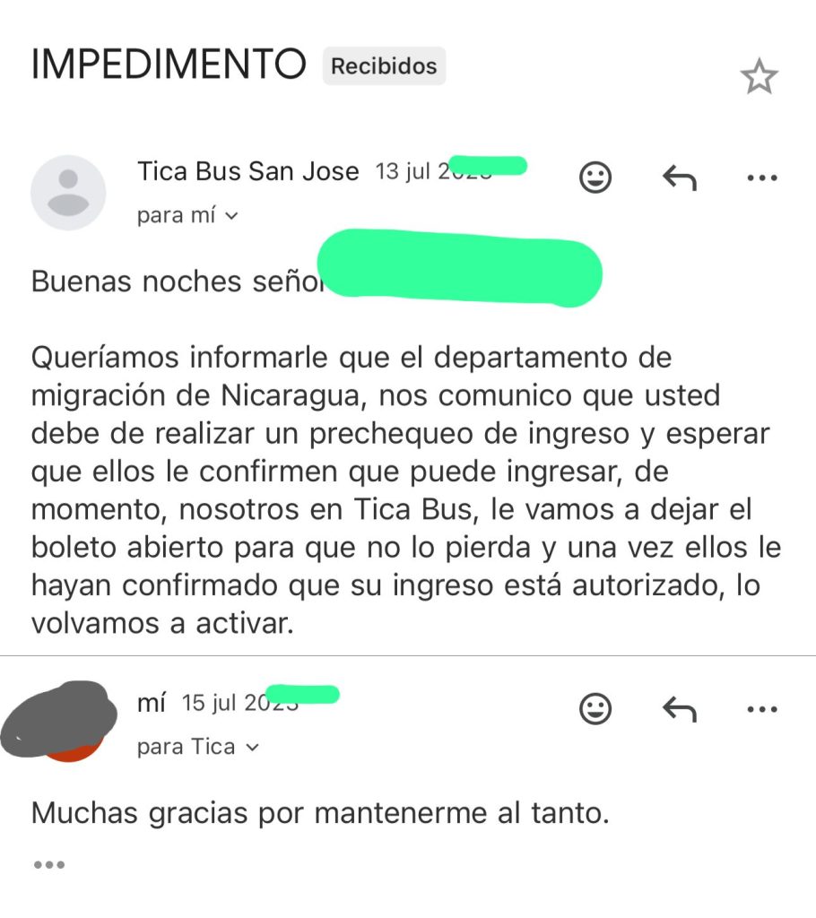 Captura de pantalla de notificación de la empresa de transporte internacional Ticabus a un migrante nicaragüense que no pudo retornar a su país después de 15 días de vacaciones. LA PRENSA/CORTESÍA.