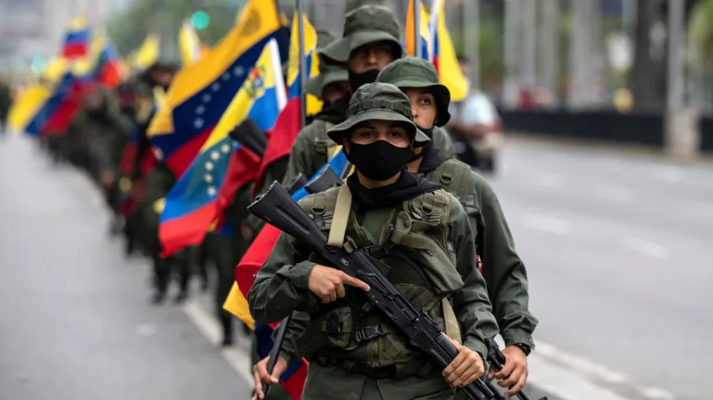 Miembros de las fuerzas armadas venezolanas participan en un desfile militar en Caracas el 5 de marzo. Yuri Cortez/AFP vía Getty Images