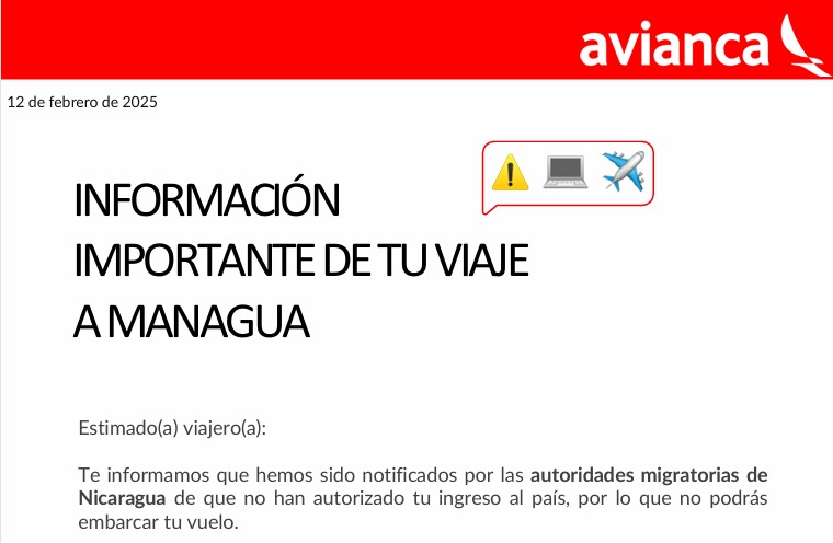 La extorsión migratoria de la dictadura empieza cuando las aerolíneas notifican el impedimento de vuelo a los migrantes. LA PRENSA/CORTESÍA