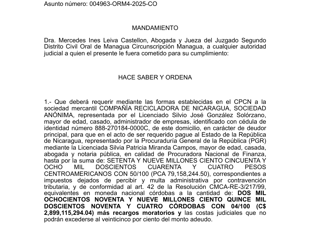 embargo contra Compañía Recicladora de Nicaragua, S.A