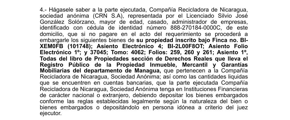 embargo contra Compañía Recicladora de Nicaragua, S.A, del Grupo CNN