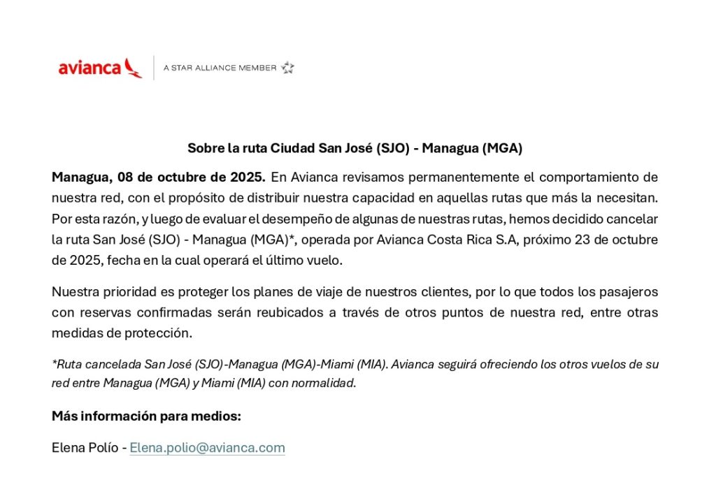 ruta directa de vuelos aéreos entre San José, Costa Rica, y Managua