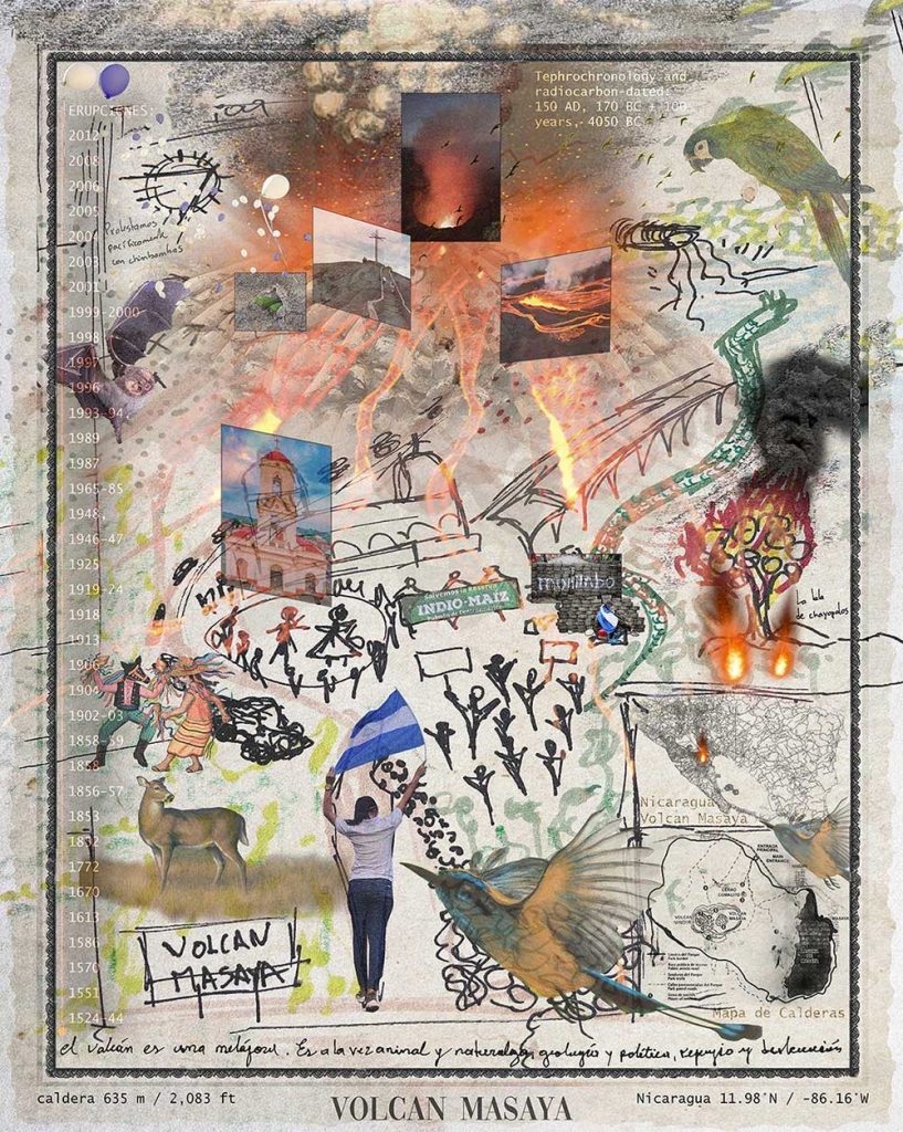 “Enredos volcánicos”, un mapeo del volcán Masaya y que es un dibujo escaneado en carbón y marcador con fotomontaje de Oscar Caballero. LA PRENSA/ CORTESÍA