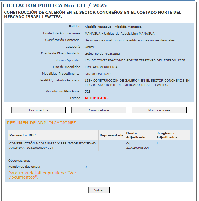 Licitación de construcción de galerón para el mercado Israel Lewites