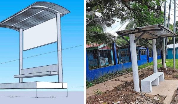 A la izquierda, el diseño que presentó la Alcaldía de Bluefields de como quedarían las paradas de buses, a la derecha, como quedaron construidas. Foto: Alcaldía de Bluefields