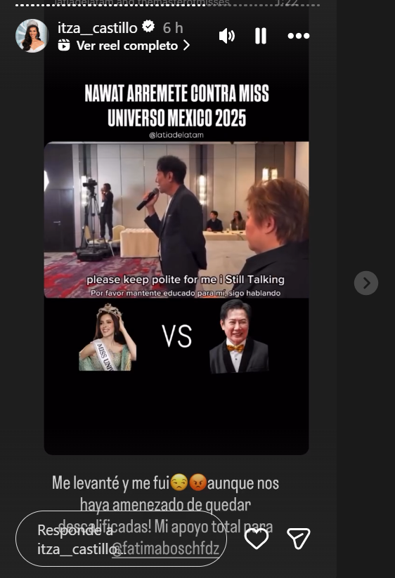 Captura de pantalla de Itza Castillo en la que explica que se levantó de la sala y apoyó a Fátima Bosch. Foto: Instagram/Itza Castillo