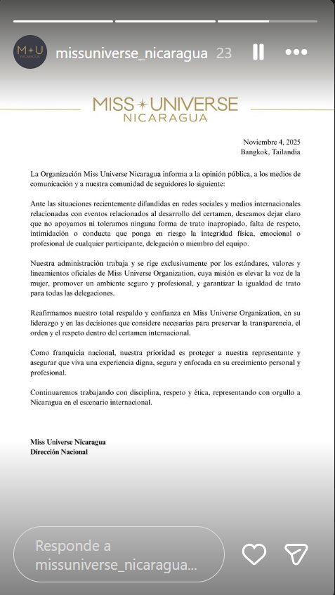 Captura de pantalla del comunicado emitido por la organización de Miss Universe Nicaragua sobre Itza Castillo