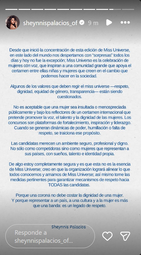 Comunicado de Sheynnis Palacios sobre la polémica de Miss Universe e Itza Castillo