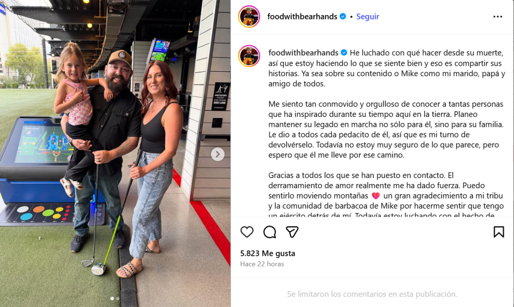 Captura de pantalla del mensaje publicado por Jessica Duarte tras la muerte de su esposo. Foto: Instagram/Foodwithbearhands