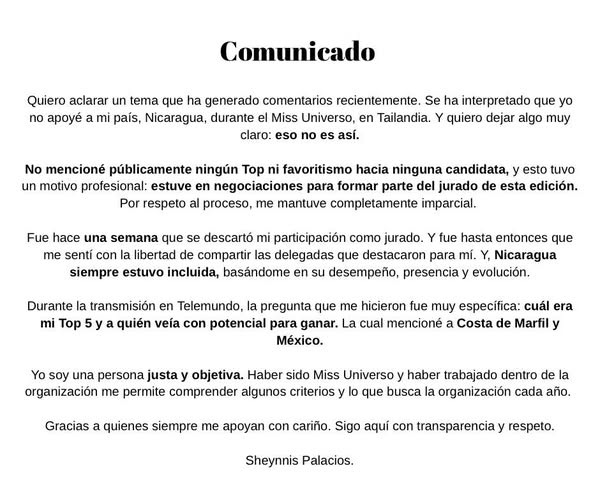 Comunicado emitido por Sheynnis Palacios. Foto: Facebook/Sheynnis Palacios