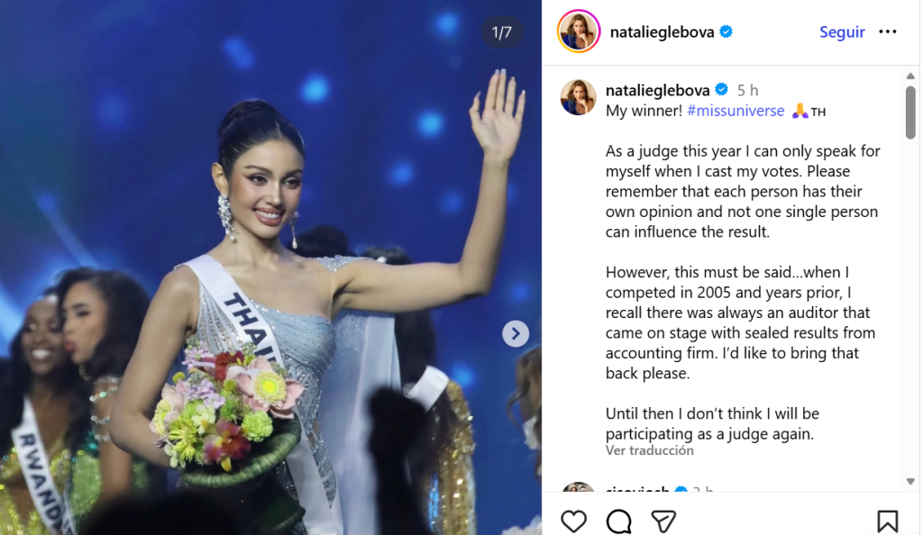 Publicación realizada por Natalie Glebova sobre el resultado de Miss Universo. Foto: Captura de pantalla/Instagram/Natalie Glebova