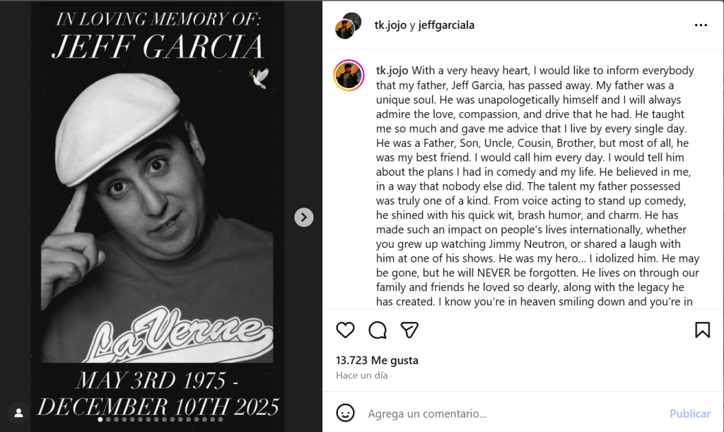 Comunicado de Jojo García sobre el fallecimiento de su padre Jeff García. Foto: Captura de pantalla/Instagram/@tk.jojo