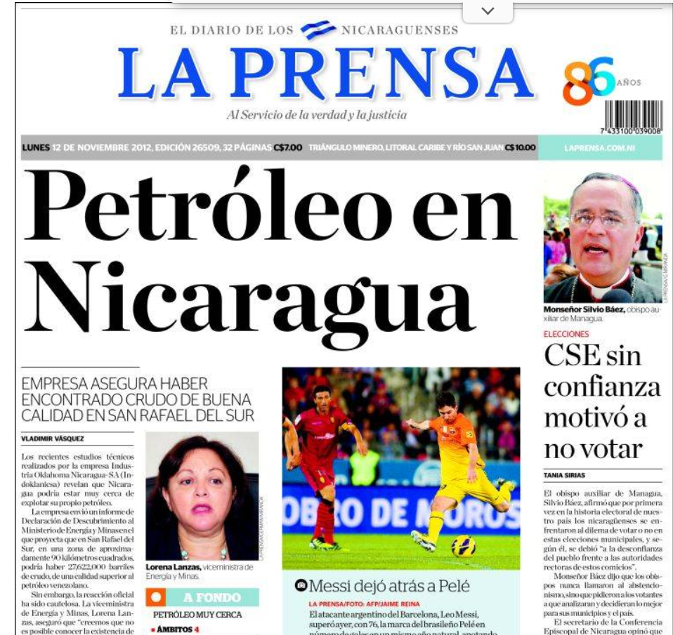 Portada de LA PRENSA anunciando petróleo en Nicaragua.